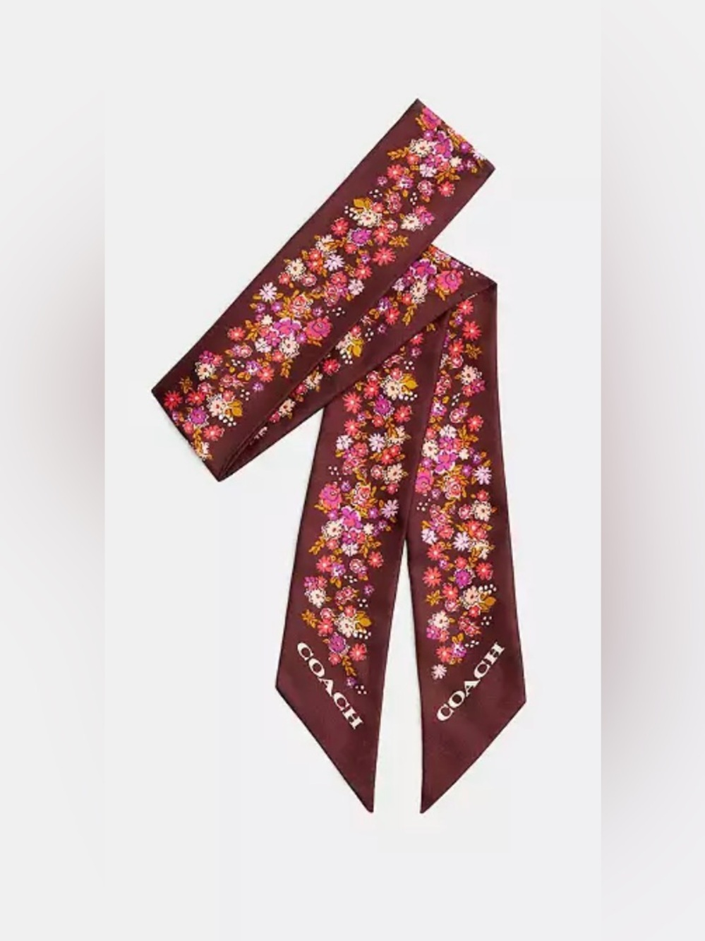 Coach Burgundy Floral Silk Twilly Scarf with Pink & Orange Blooms
